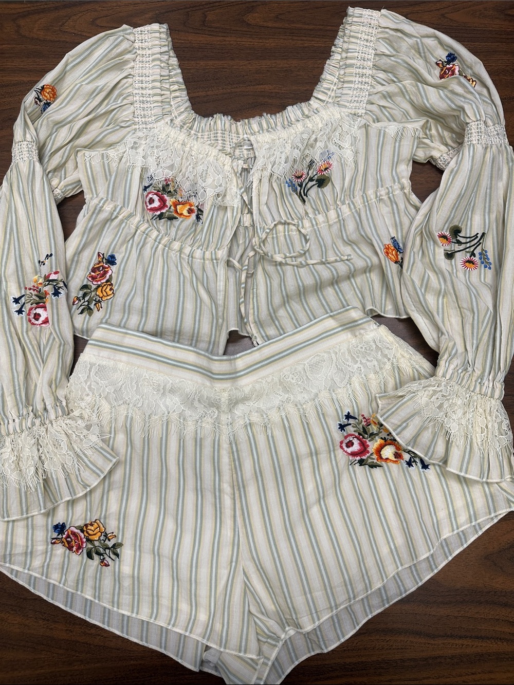 Kimchi Blue Women’s Cream Striped Peasant Top and shorts SET with Embroidery